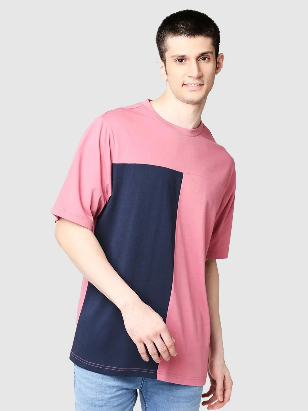 

Bewakoof Men Pink & Blue Colourblocked Oversized T-shirt