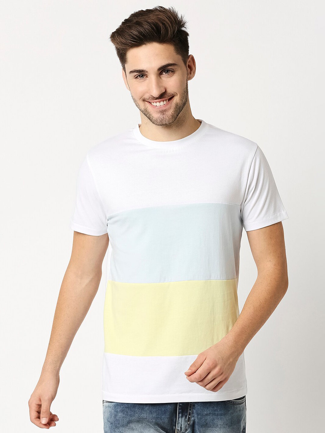 

Bewakoof Men White & Yellow Striped T-shirt
