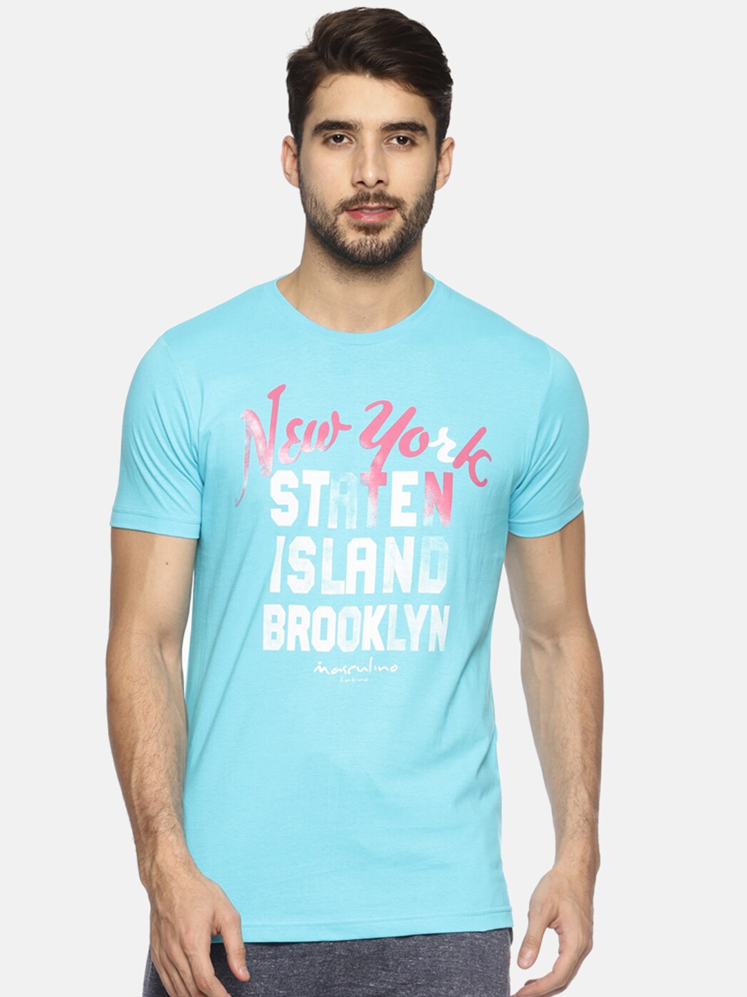 

Masculino Latino Men Turquoise Blue & White Typography Printed T-shirt