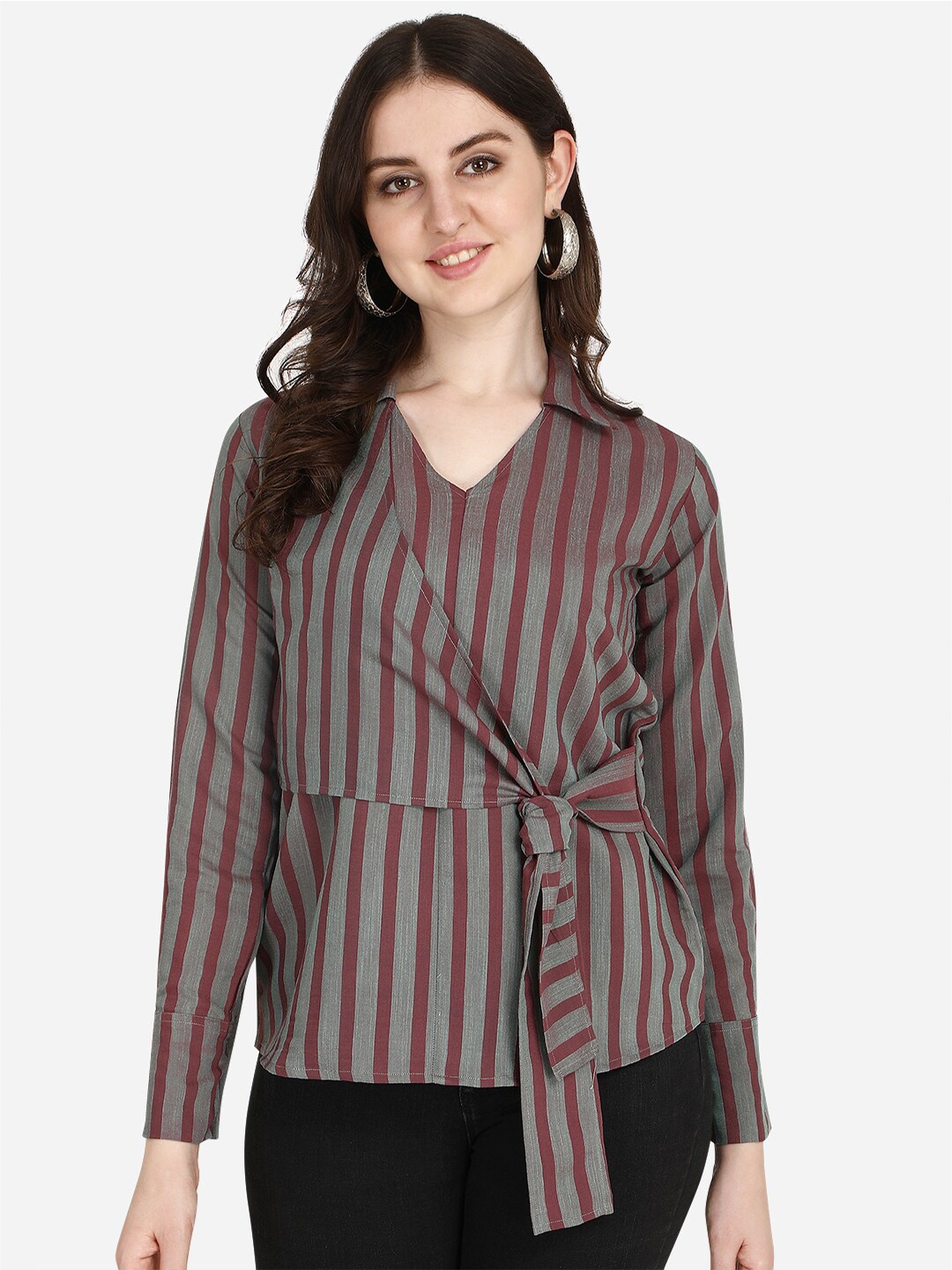 

OM SAI LATEST CREATION Maroon Striped Wrap Top
