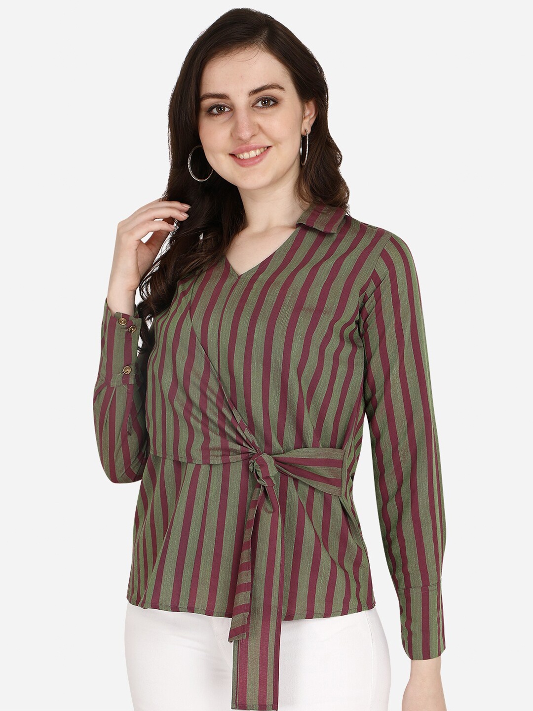 

OM SAI LATEST CREATION Women Olive & Maroon Striped Cinched Waist Regular Top