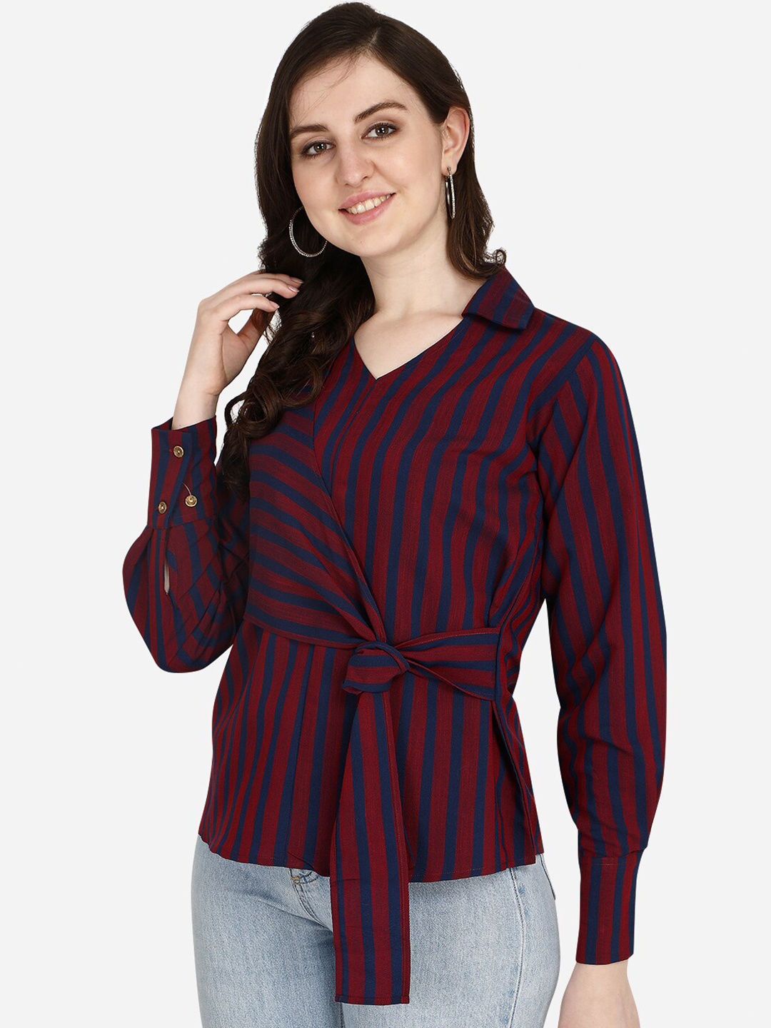 

OM SAI LATEST CREATION Maroon Striped Shirt Style Top