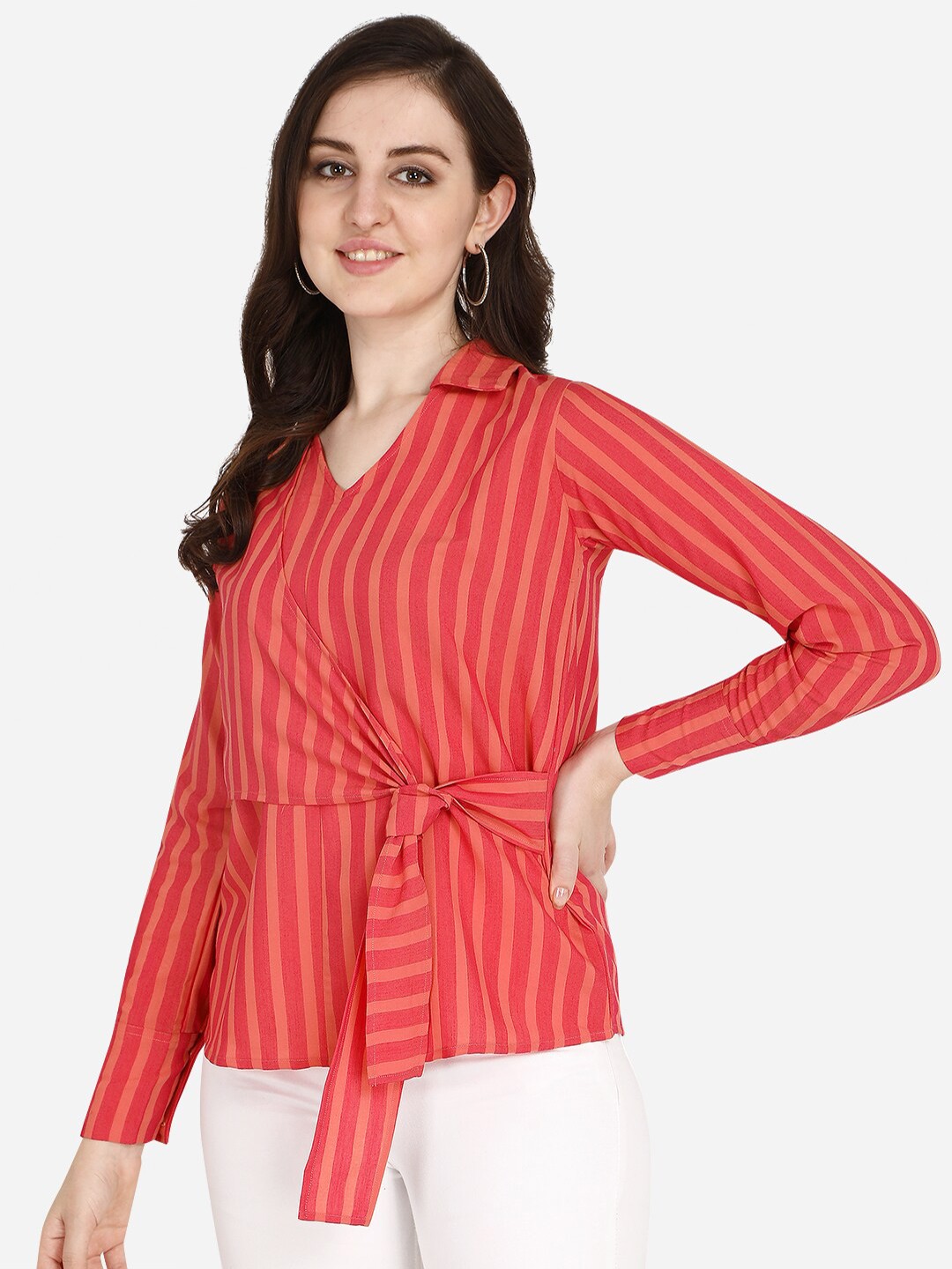 

OM SAI LATEST CREATION Red Striped Wrap Top