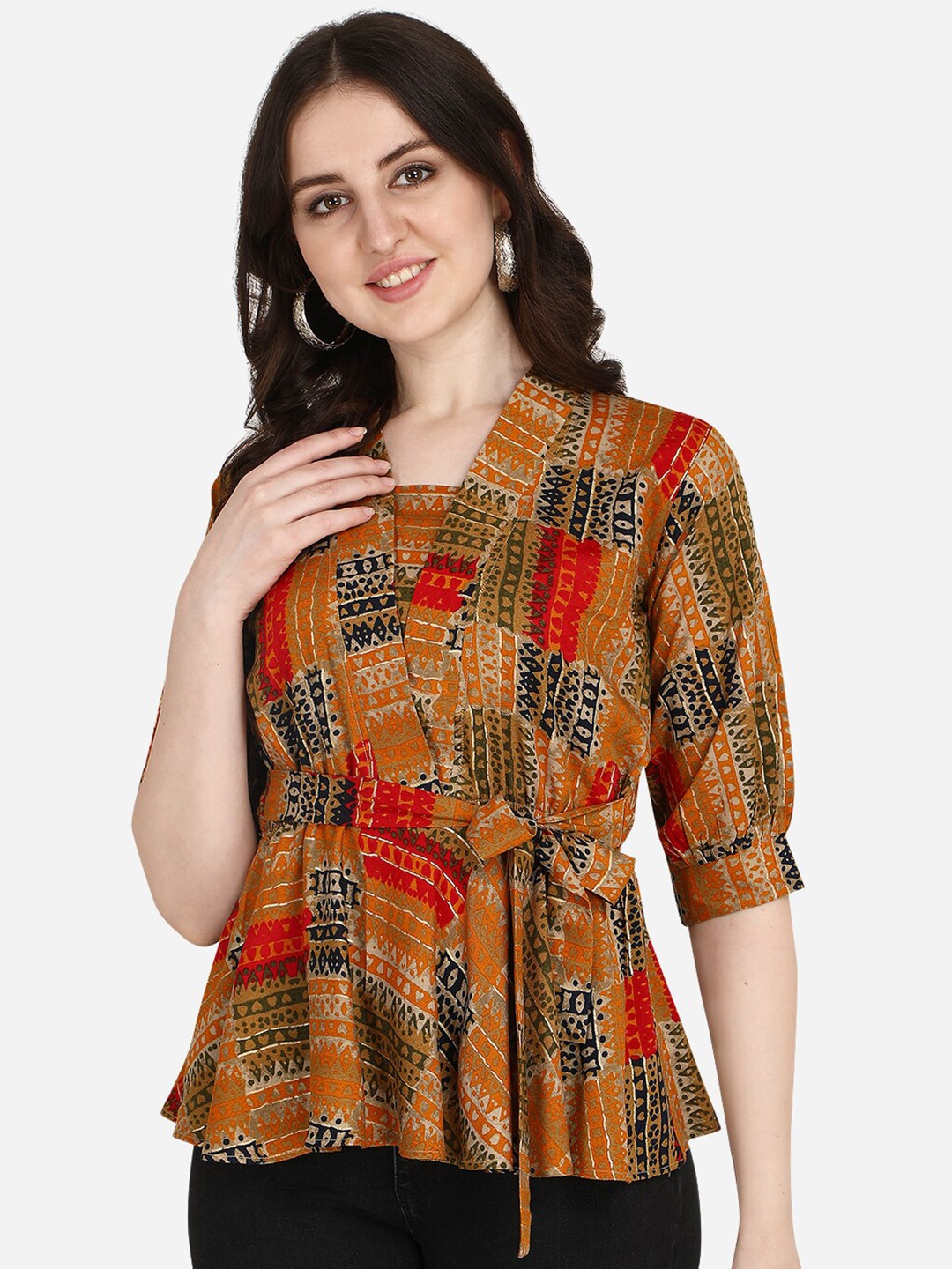 

OM SAI LATEST CREATION Woman Gold-Toned Georgette Cinched Waist Top