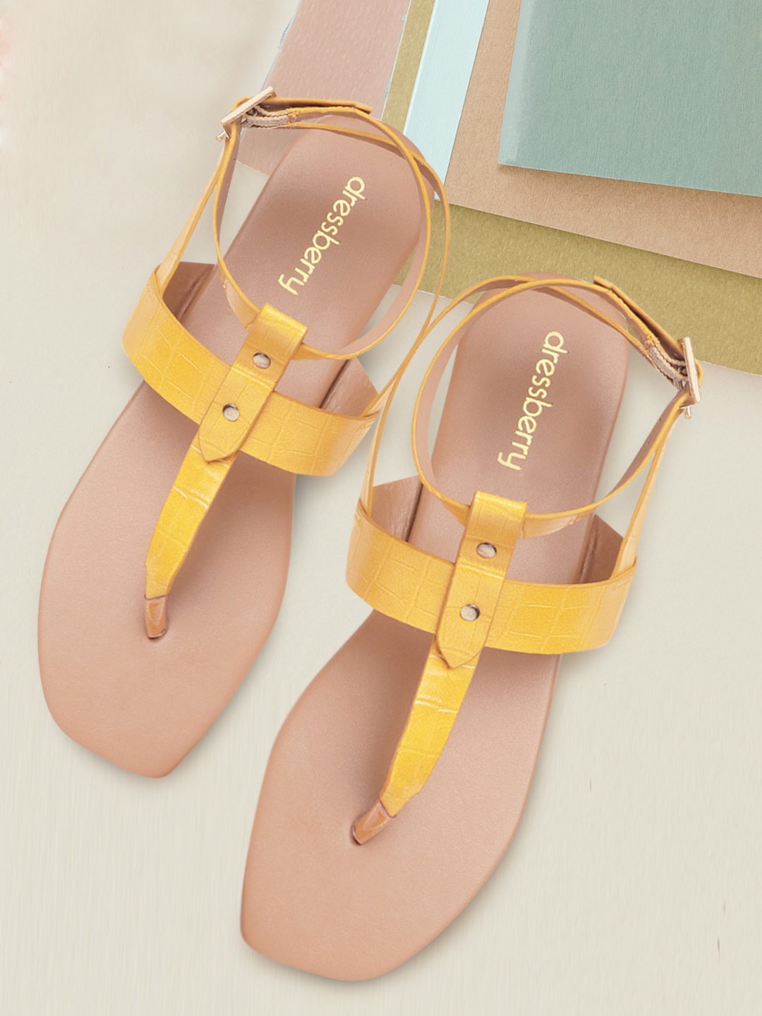 

DressBerry Women Mustard Yellow Croc Textured T-Strap Flats with Rivets