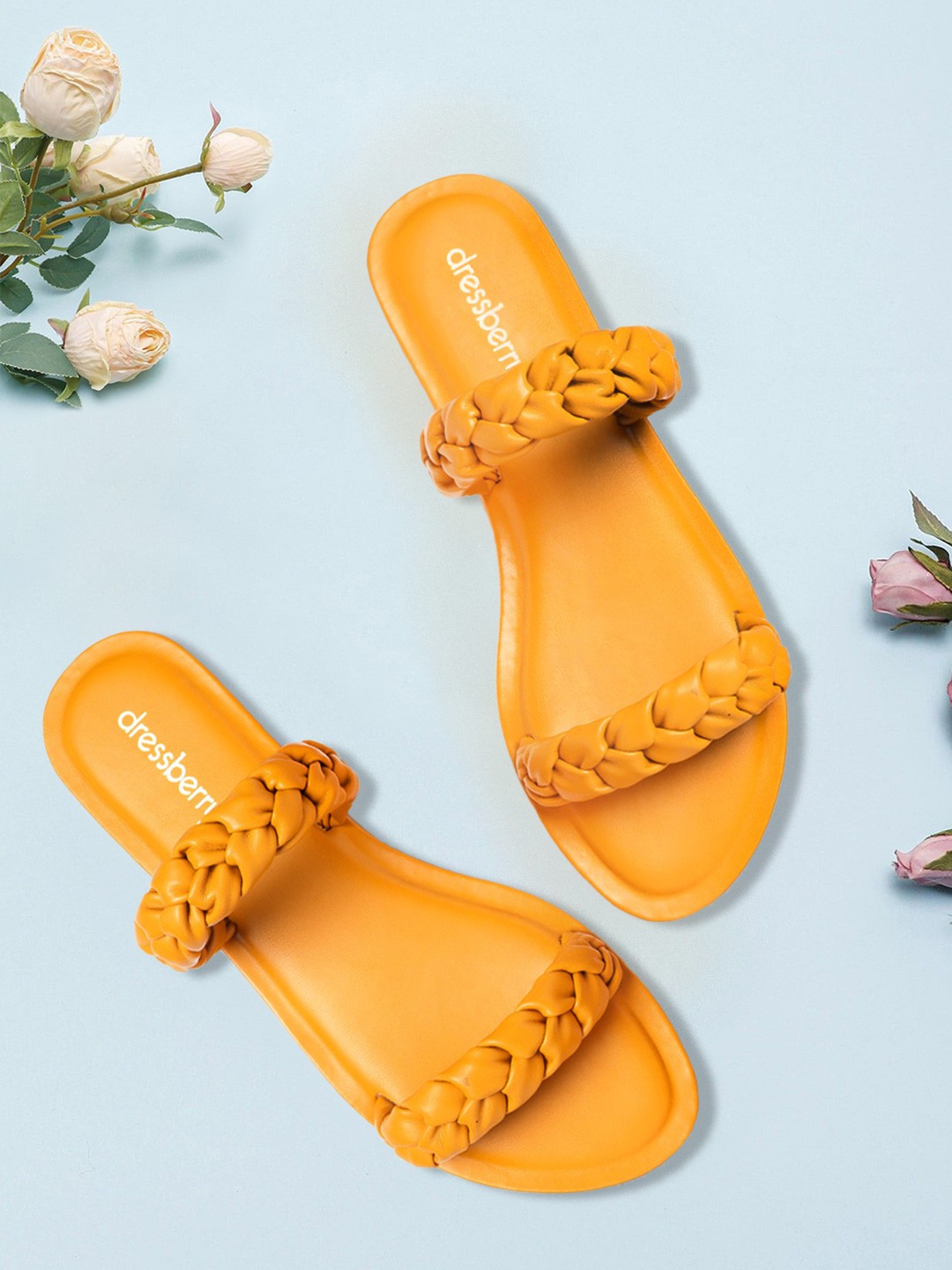 

DressBerry Women Mustard Yellow Braided Open Toe Flats
