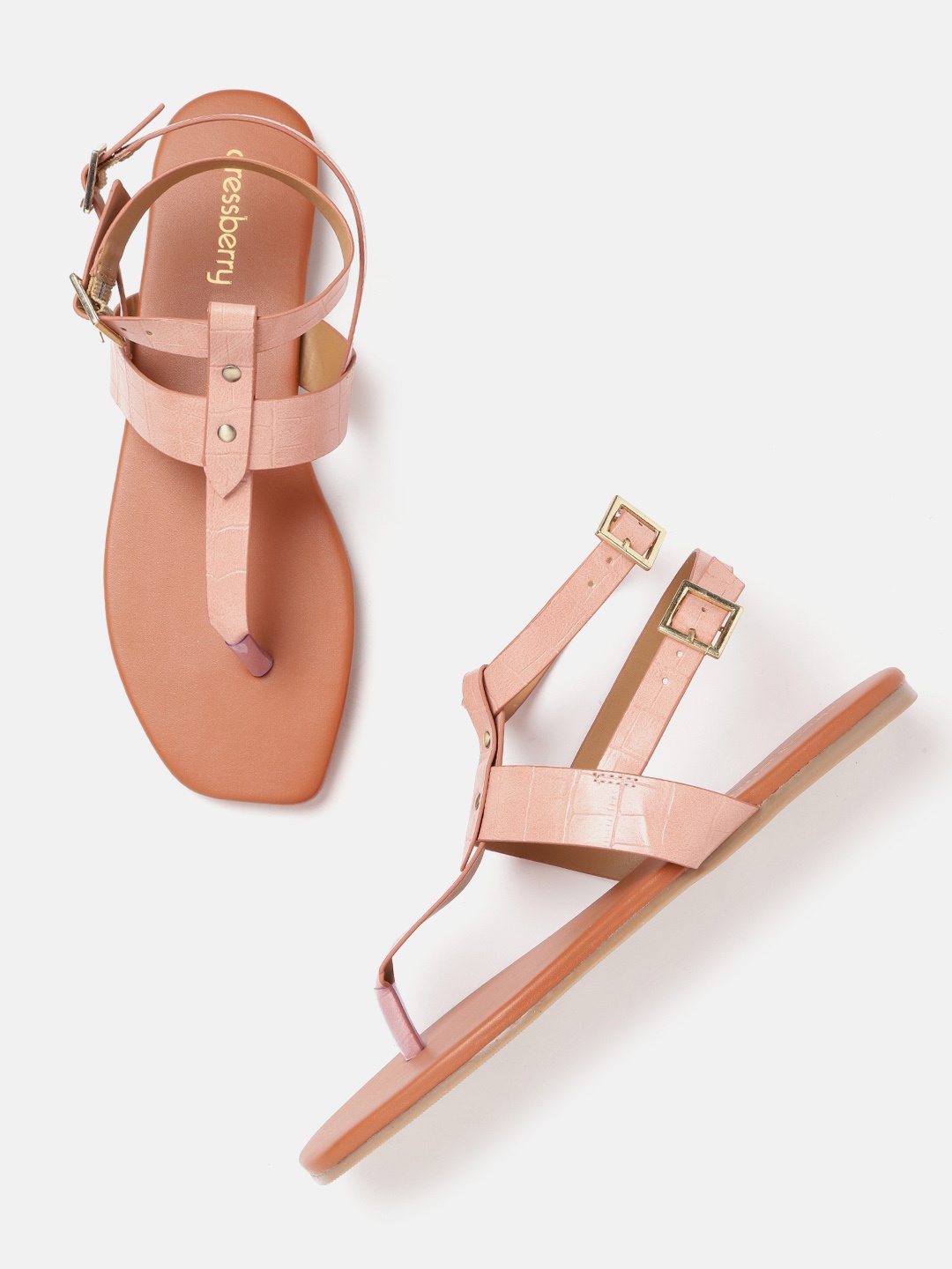

DressBerry Women Peach-Coloured Croc Textured Mid-Top T-Strap Flats