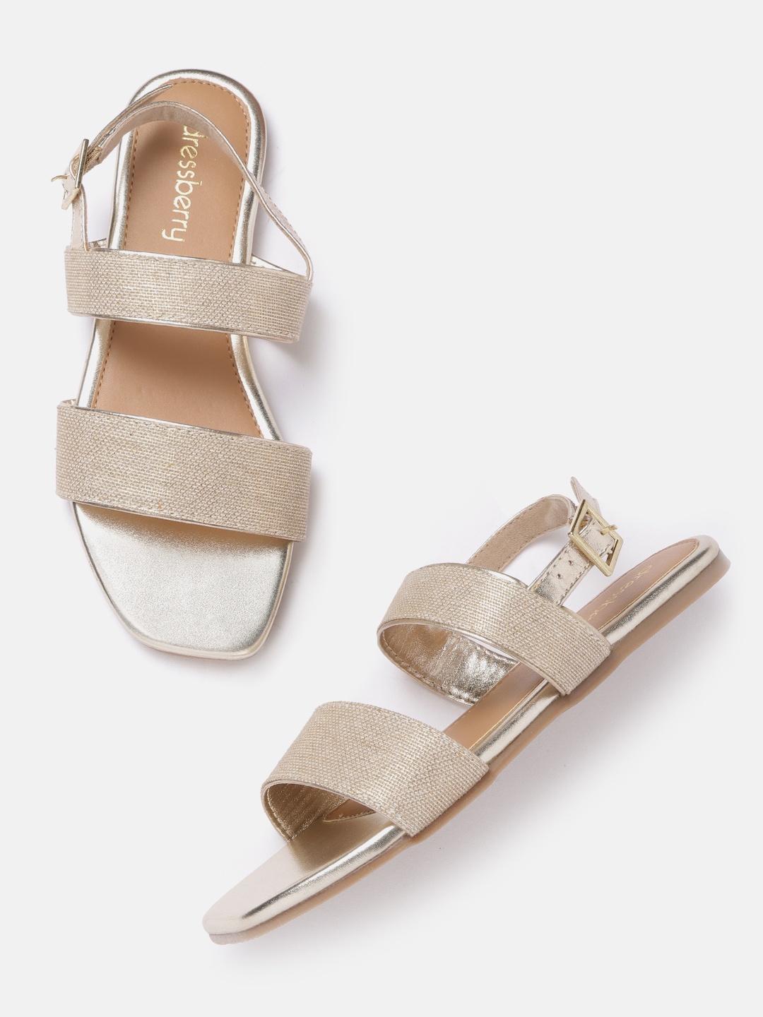 

DressBerry Women Beige & Gold-Toned Checked Open Toe Flats