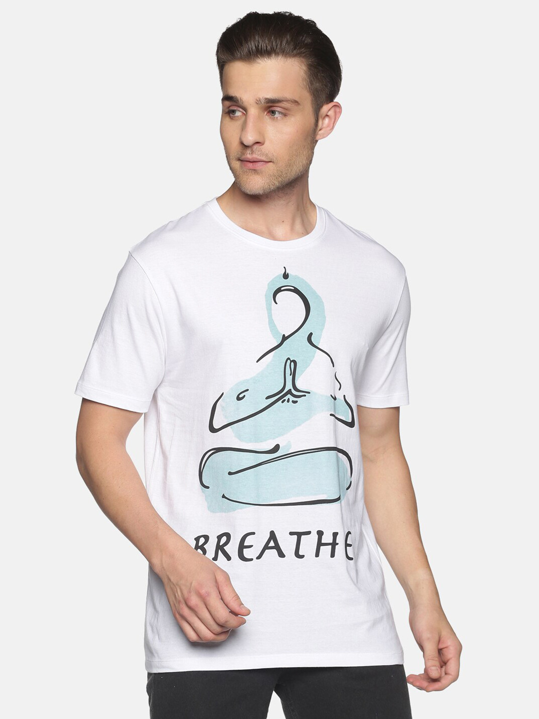 

UrGear Men White & Turquoise Blue Printed Yoga T-shirt