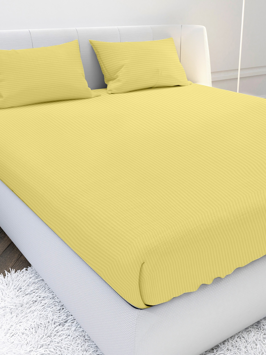 

MAYFAIR HOMES LONDON Yellow Striped 210 TC Pure Cotton King Bedsheet with 2 Pillow Covers