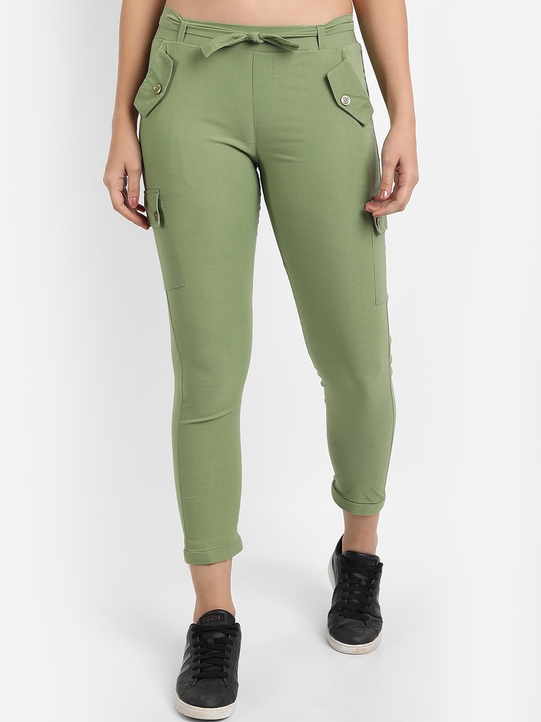 

BROADSTAR Women Green Skinny Fit High-Rise Cotton Trousers