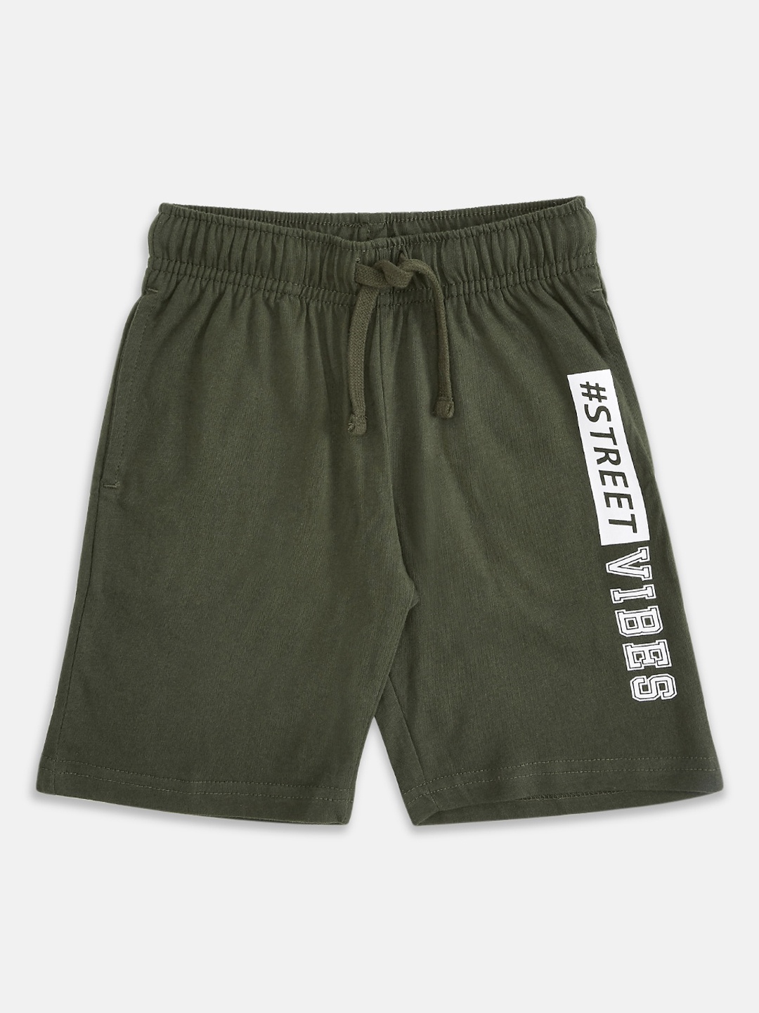 

Pantaloons Junior Boys Olive Green Typography Printed Regular Shorts