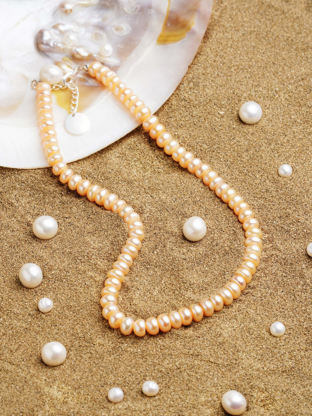 

Zaveri Pearls Peach-Coloured Freshwater Button Pearls AAA+ Quality Necklace, Silver