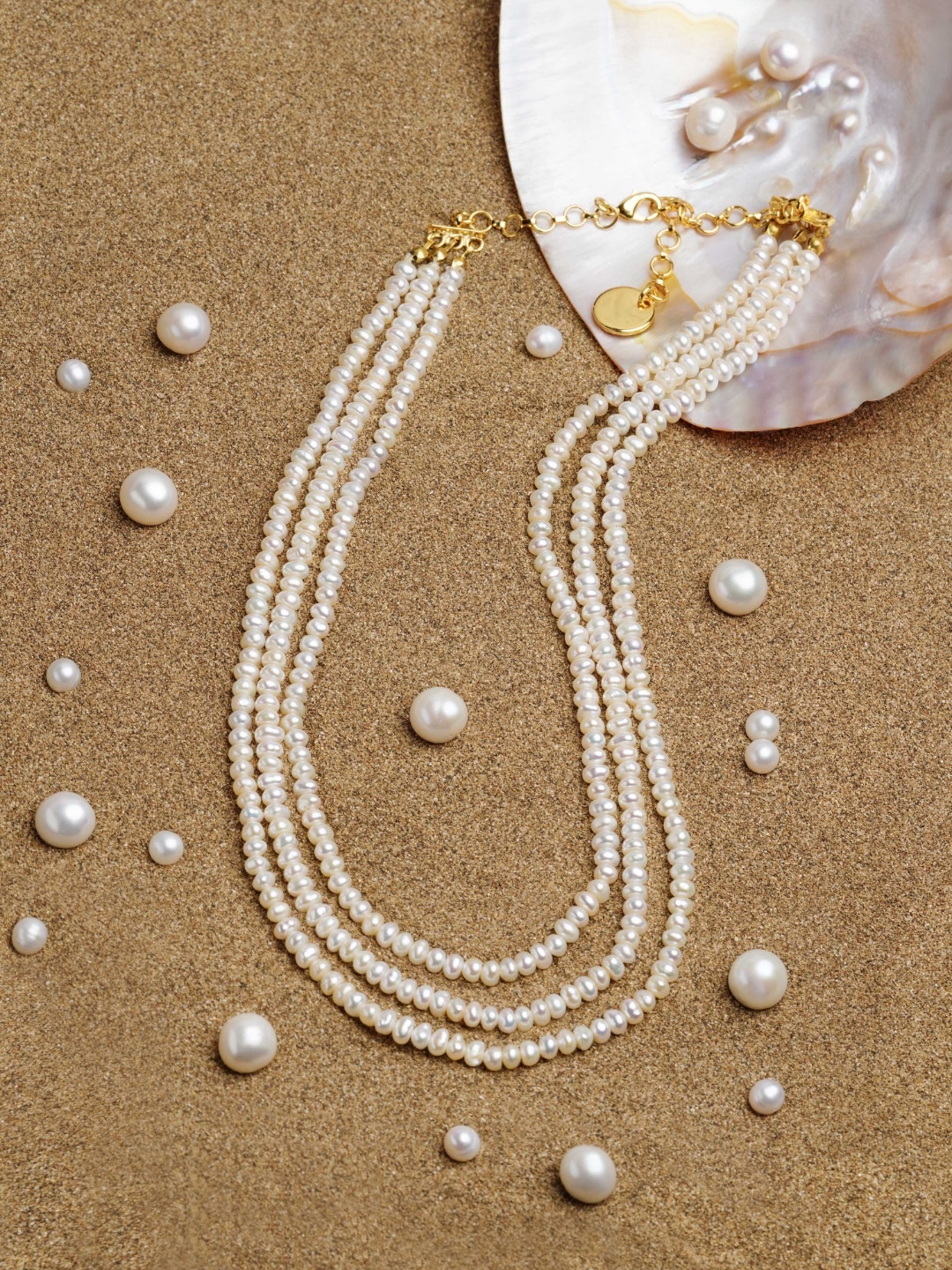 

Zaveri Pearls Off White Freshwater Button Pearls AAA+ Quality 3 Layers Necklace, Gold