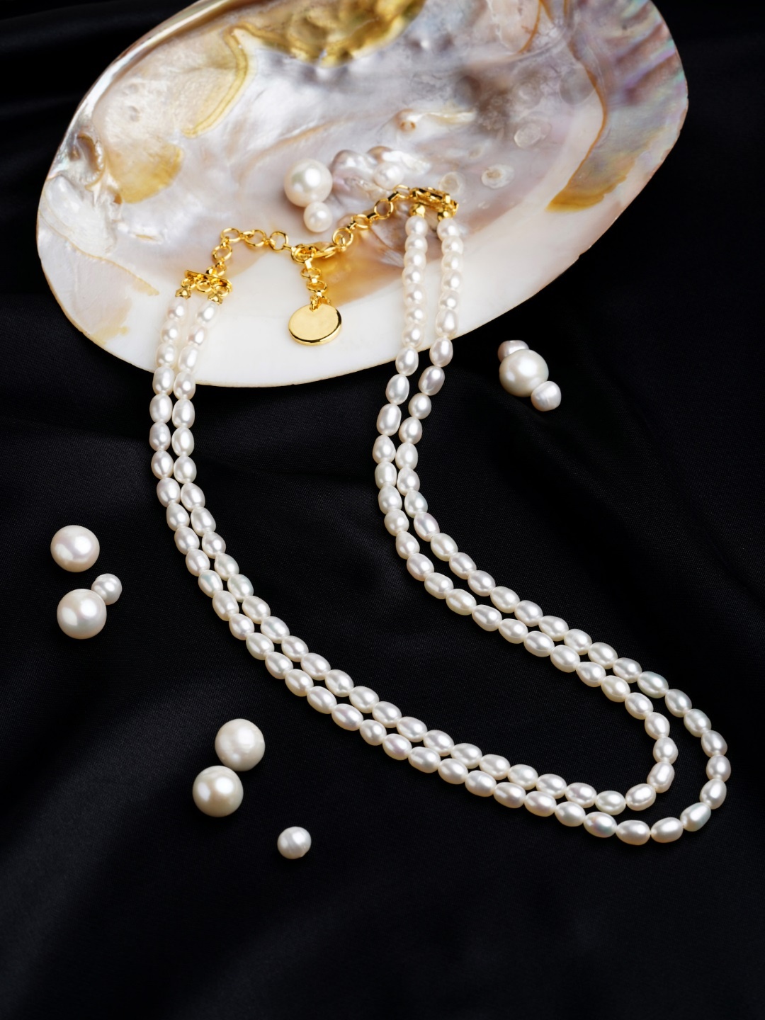 

Zaveri Pearls Off White Freshwater Rice Pearls AAA+ Quality 2 Layers Necklace, Gold