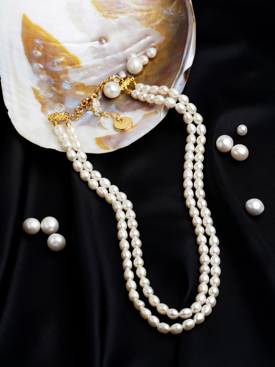 

Zaveri Pearls Off White Freshwater Rice Pearls AAA+ Quality 2 Layers Necklace, Gold