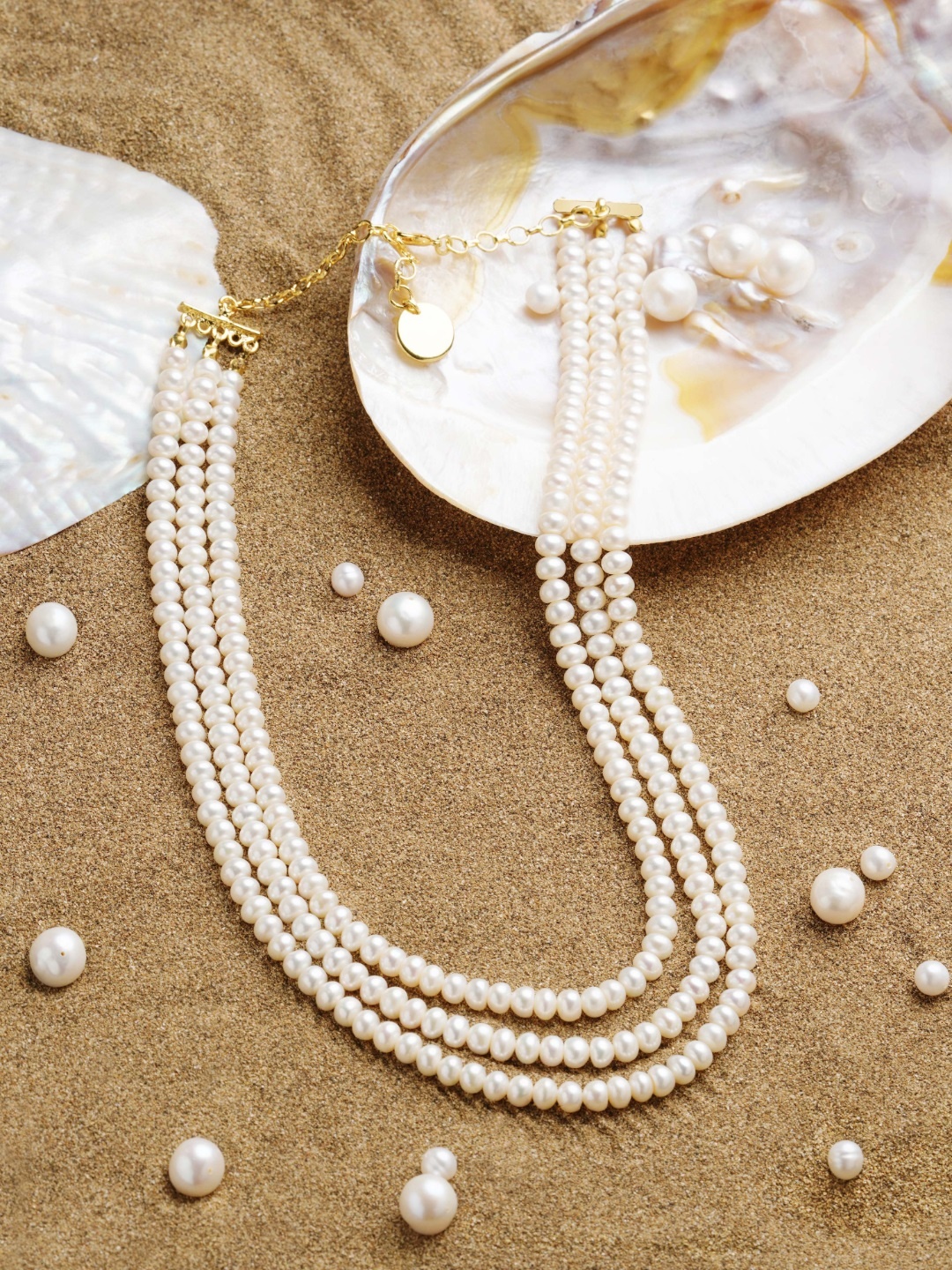 

Zaveri Pearls Off White Freshwater Button Pearls AAA+ Quality 3 Layers Necklace, Gold