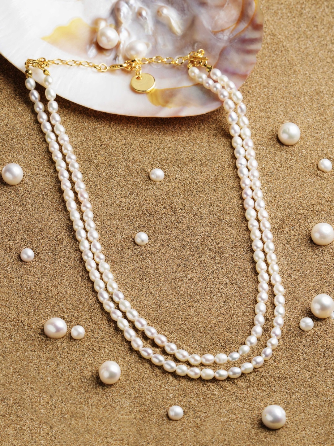 

Zaveri Pearls Off White Freshwater Rice Pearls AAA+ Quality 2 Layers Necklace, Gold