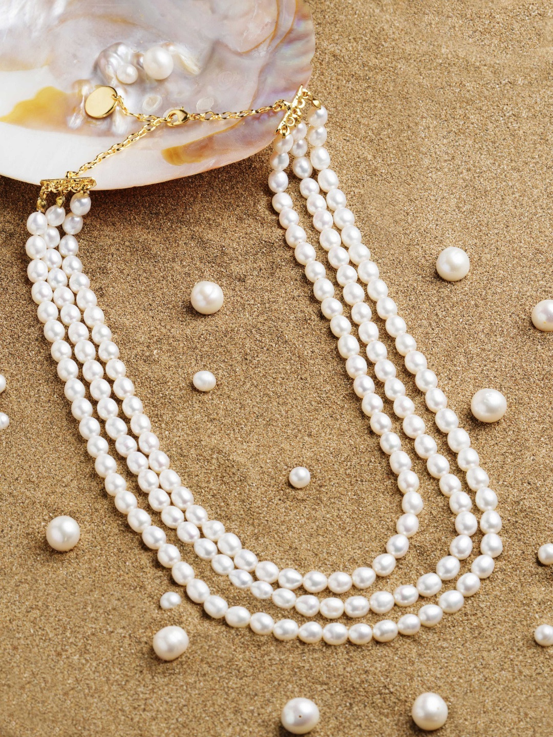 

Zaveri Pearls Off White Freshwater Rice Pearls AAA+ Quality 3 Layers Necklace, Gold