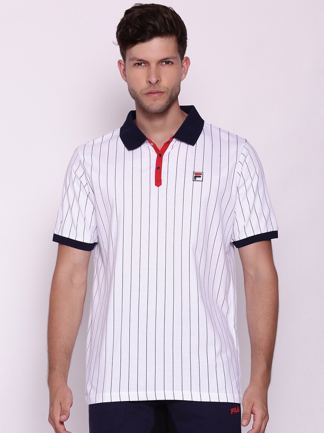 

FILA Men White & Navy Blue Striped Polo Collar T-shirt