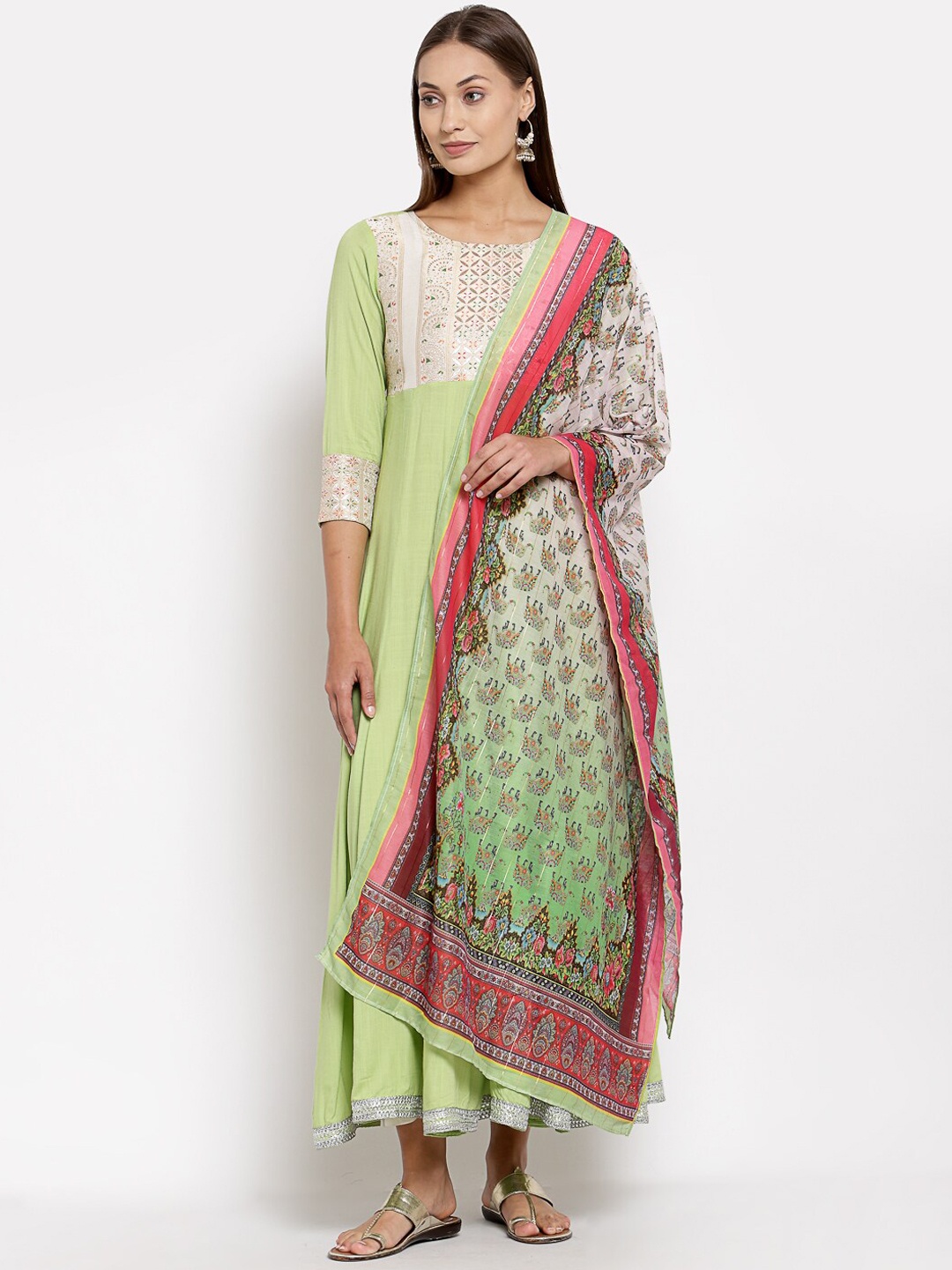 

Myshka Women Green & Pink Ethnic Motifs Yoke Design Anarkali Kurta