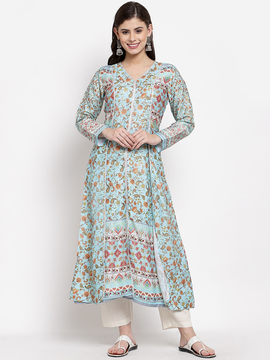 

Myshka Women Turquoise Blue & Red Ethnic Motifs Printed Gotta Patti Kurta