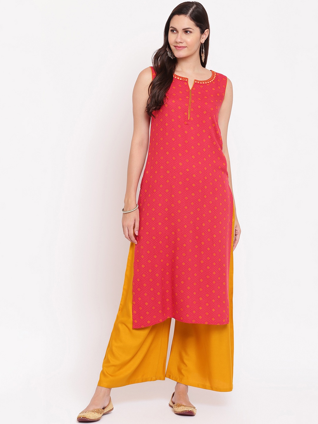 

IMARA Women Red Geometric Thread Work Liva Kurta