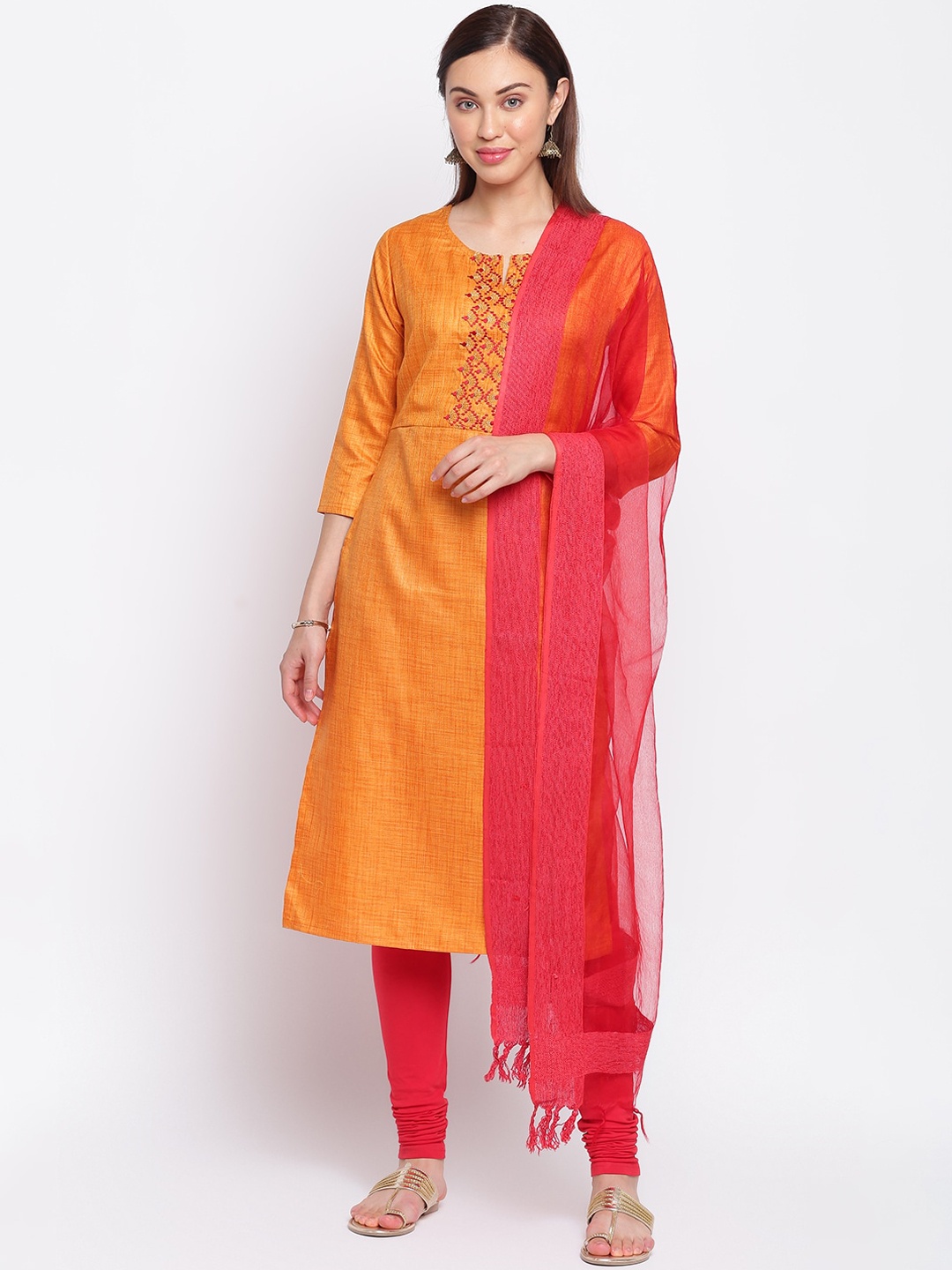 

IMARA Women Orange & Red Ethnic Motifs Embroidered Kurta