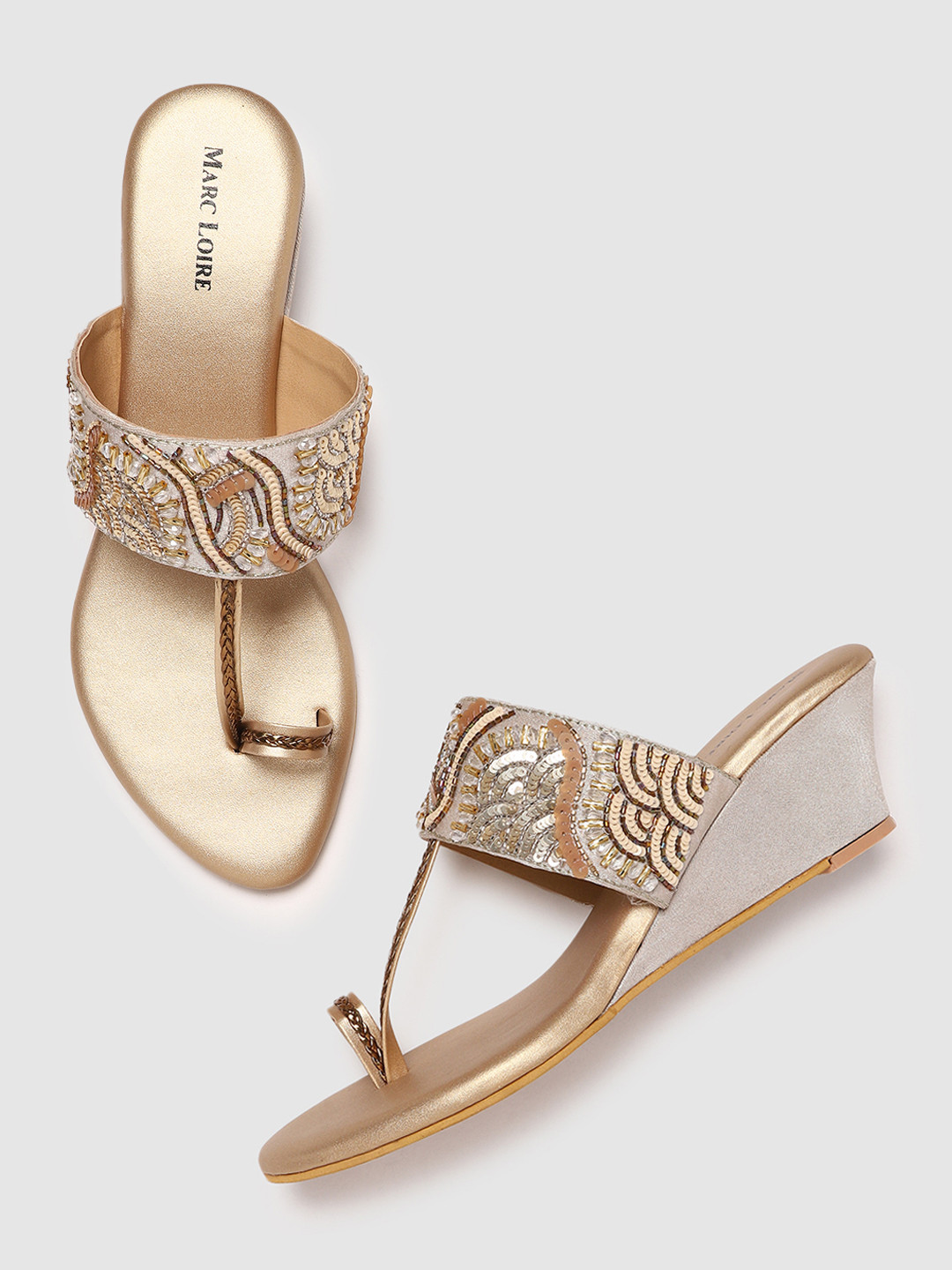 

Marc Loire Gold-Toned Embellished PU Ethnic Wedge Sandals
