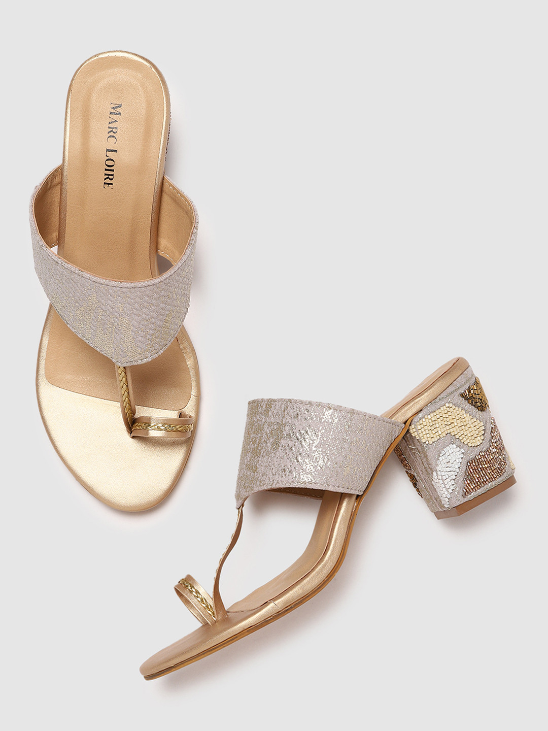 

Marc Loire Gold-Toned PU Ethnic Embellished Block Sandals