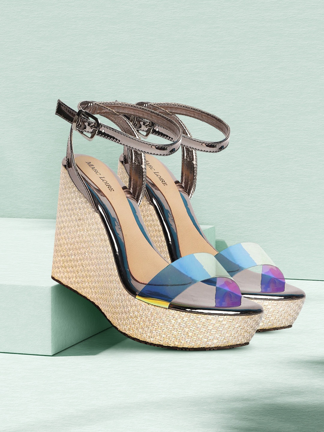 

Marc Loire Metallic Coloured & Transparent PU Wedge Sandals with Ankle Loop