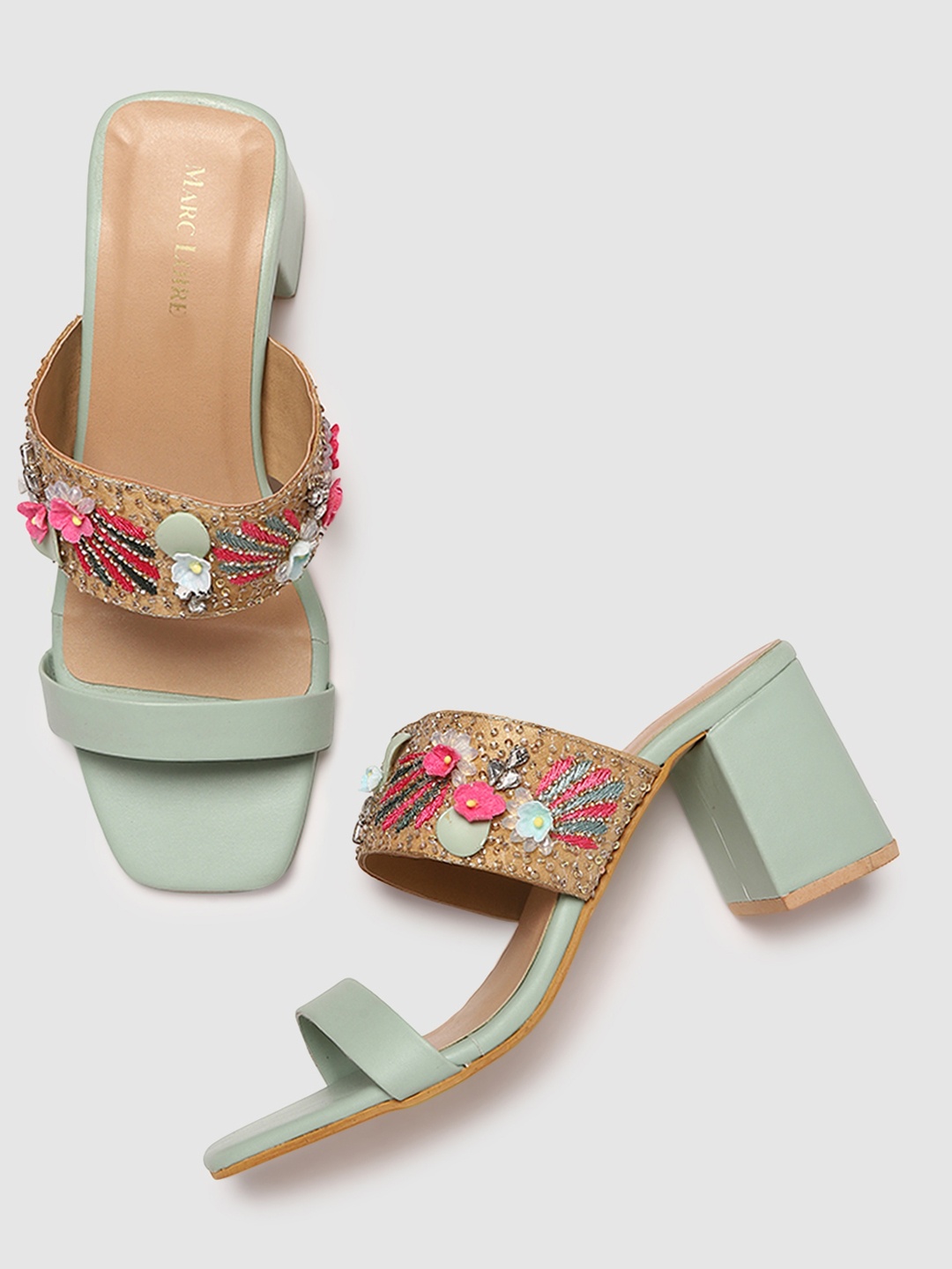 

Marc Loire Green & Gold-Toned Embellished PU Block Sandals