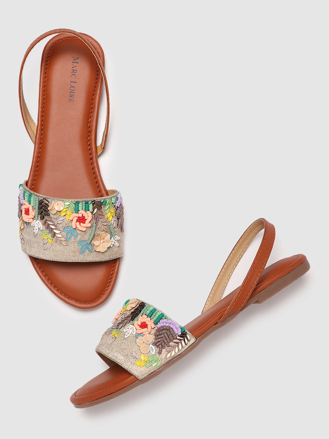

Marc Loire Women Beige Embellished Leather Ethnic Open Toe Flats with Embroidery