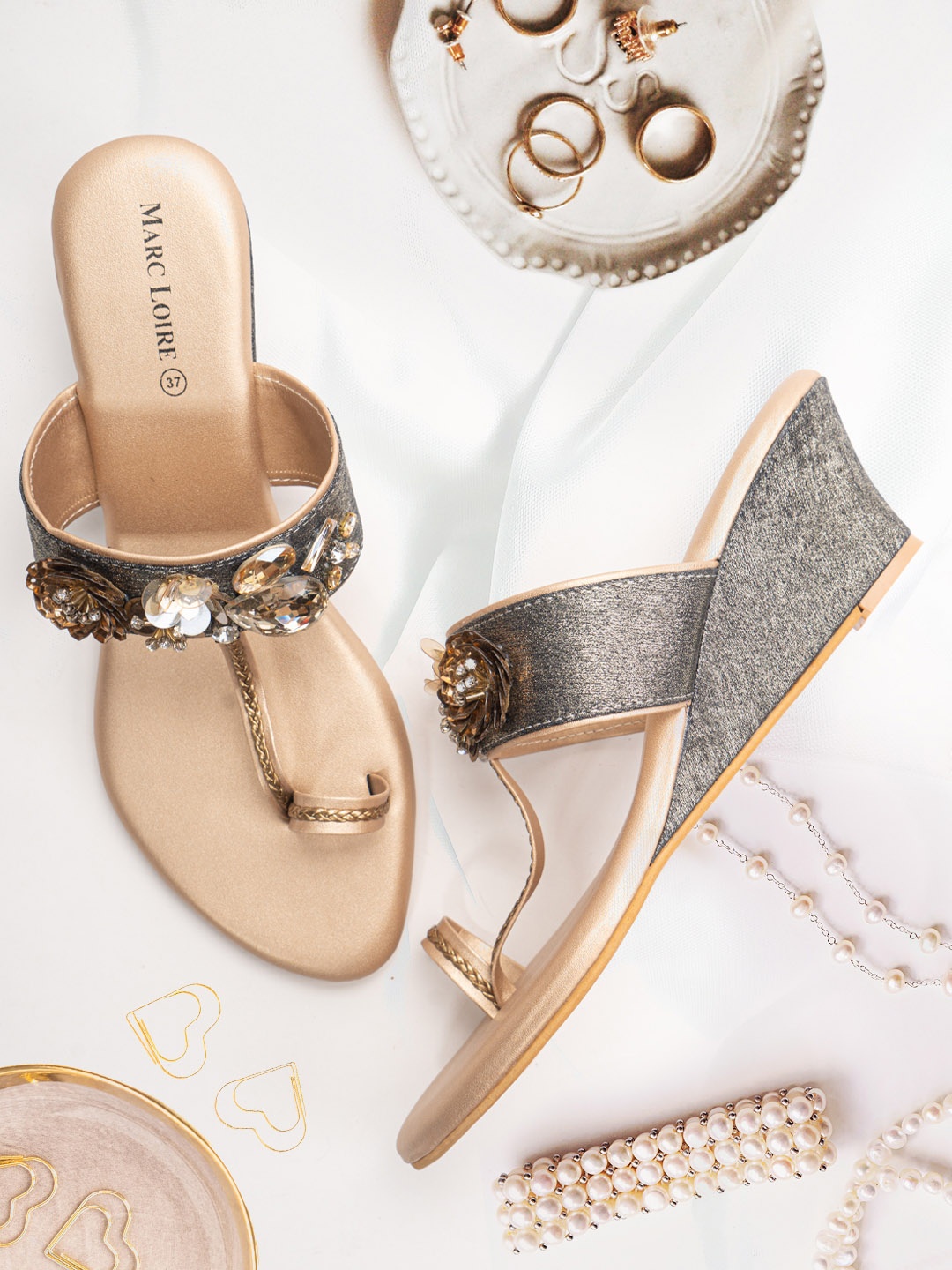 

Marc Loire Black Embellished PU Ethnic Wedge Sandals