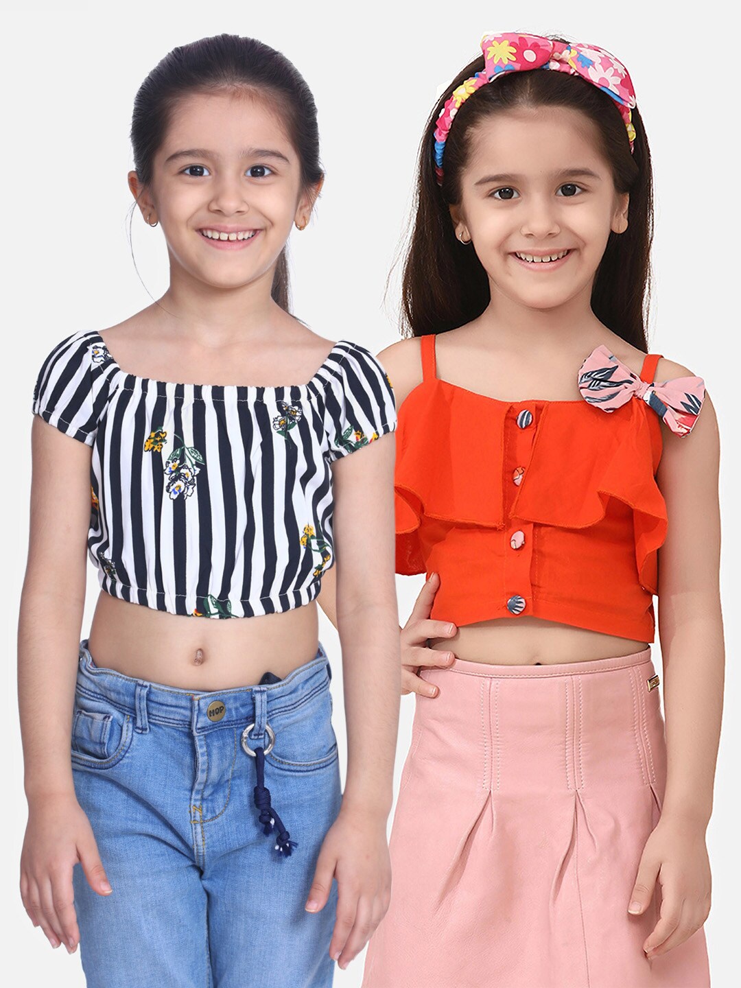 

Cutiekins Pack of 2 Girls White & Orange Striped Ruffles Crepe Regular Crop Top