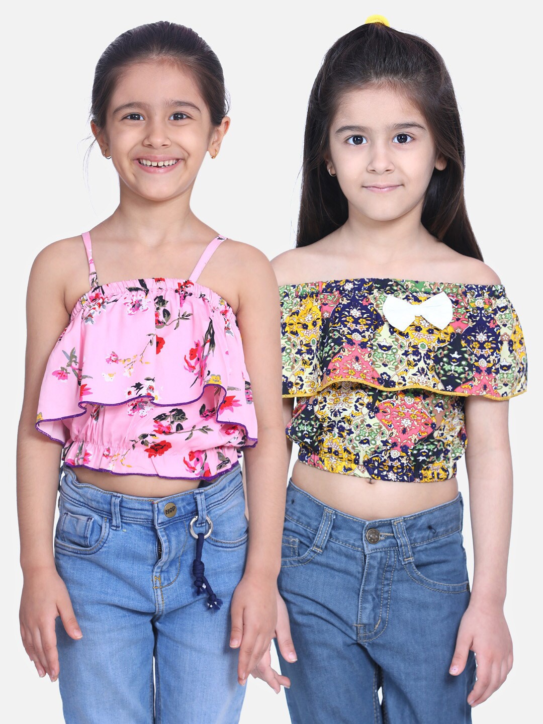 

Cutiekins Girls Pink Pack of 2 Floral Off-Shoulder Ruffles Crepe Regular Crop Top