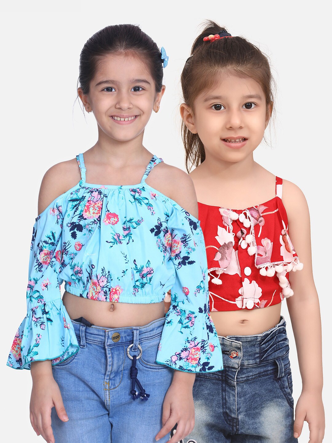 

Cutiekins Pack Of 2 Girls Blue & Red Floral Ruffles Crepe Blouson Crop Top