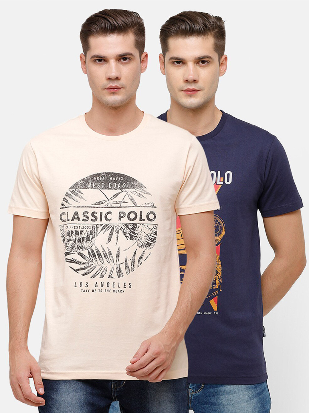 

Classic Polo Men Beige & Blue 2 Printed Slim Fit T-shirt