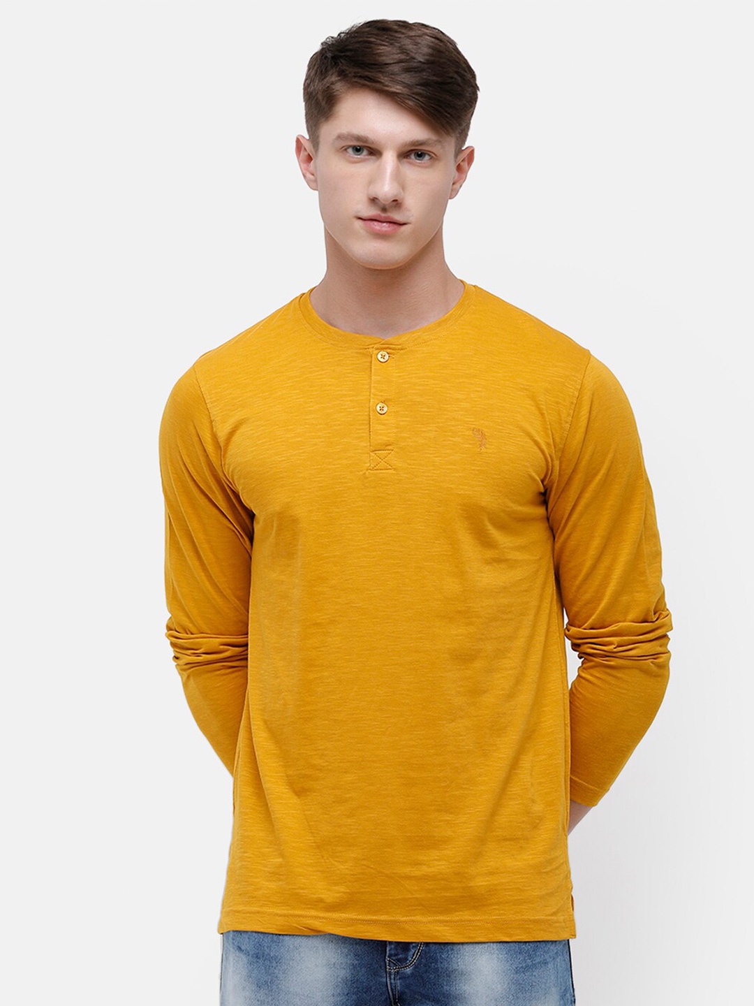 

Classic Polo Men Mustard Yellow Henley Neck Slim Fit T-shirt