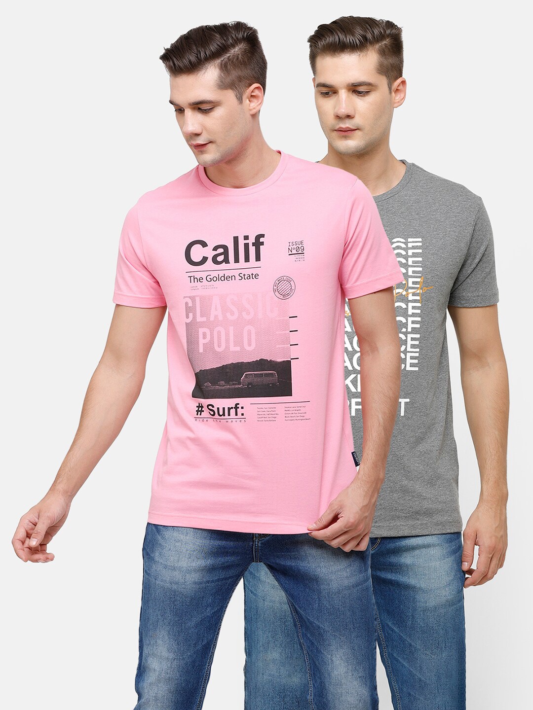 

Classic Polo Men Grey Melange & Pink 2 Printed Slim Fit T-shirt