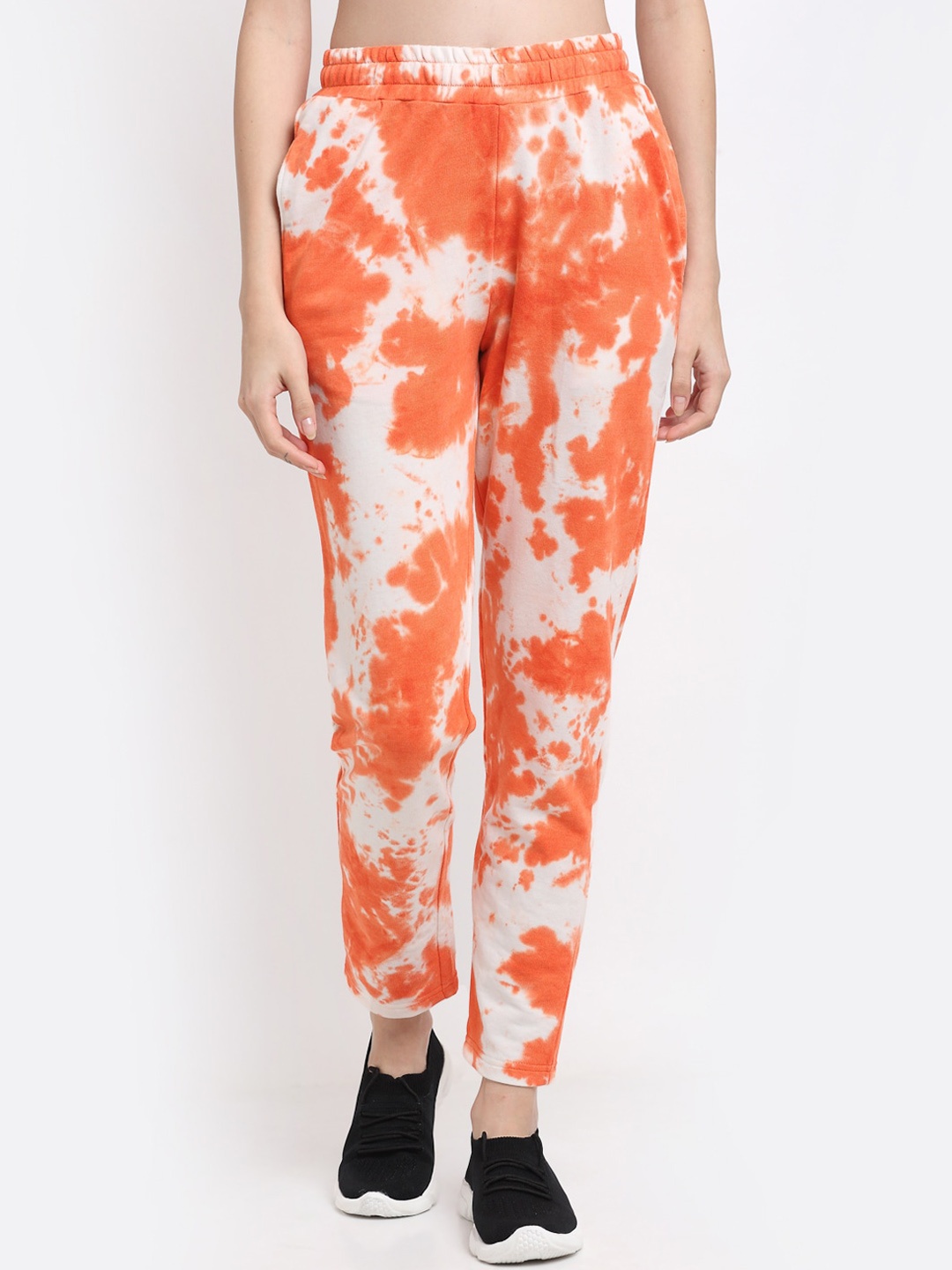 

DOOR74 Women Orange & White Tie & Dye Track Pants