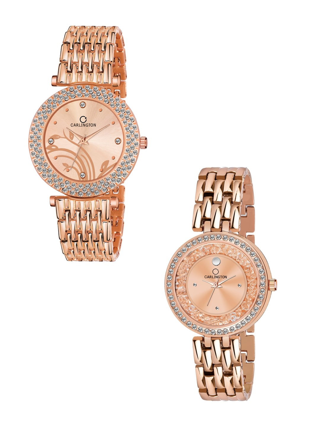 

CARLINGTON Women Set of 2 Rose Gold Embellished Stainless Steel Bracelet Style Watch