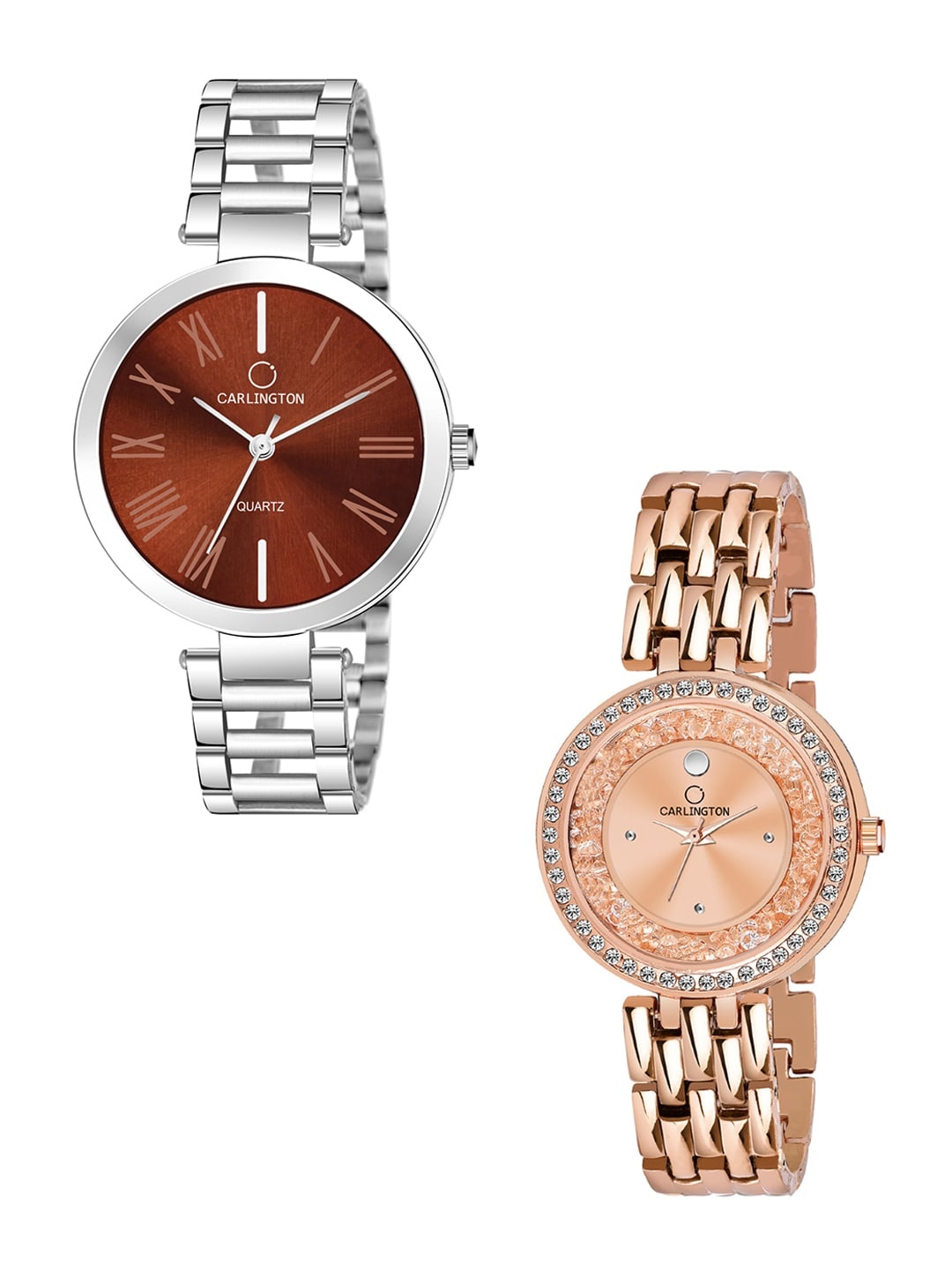 

CARLINGTON Women Set of 2 Stainless Steel Bracelet Style Straps Analogue Watches, Brown