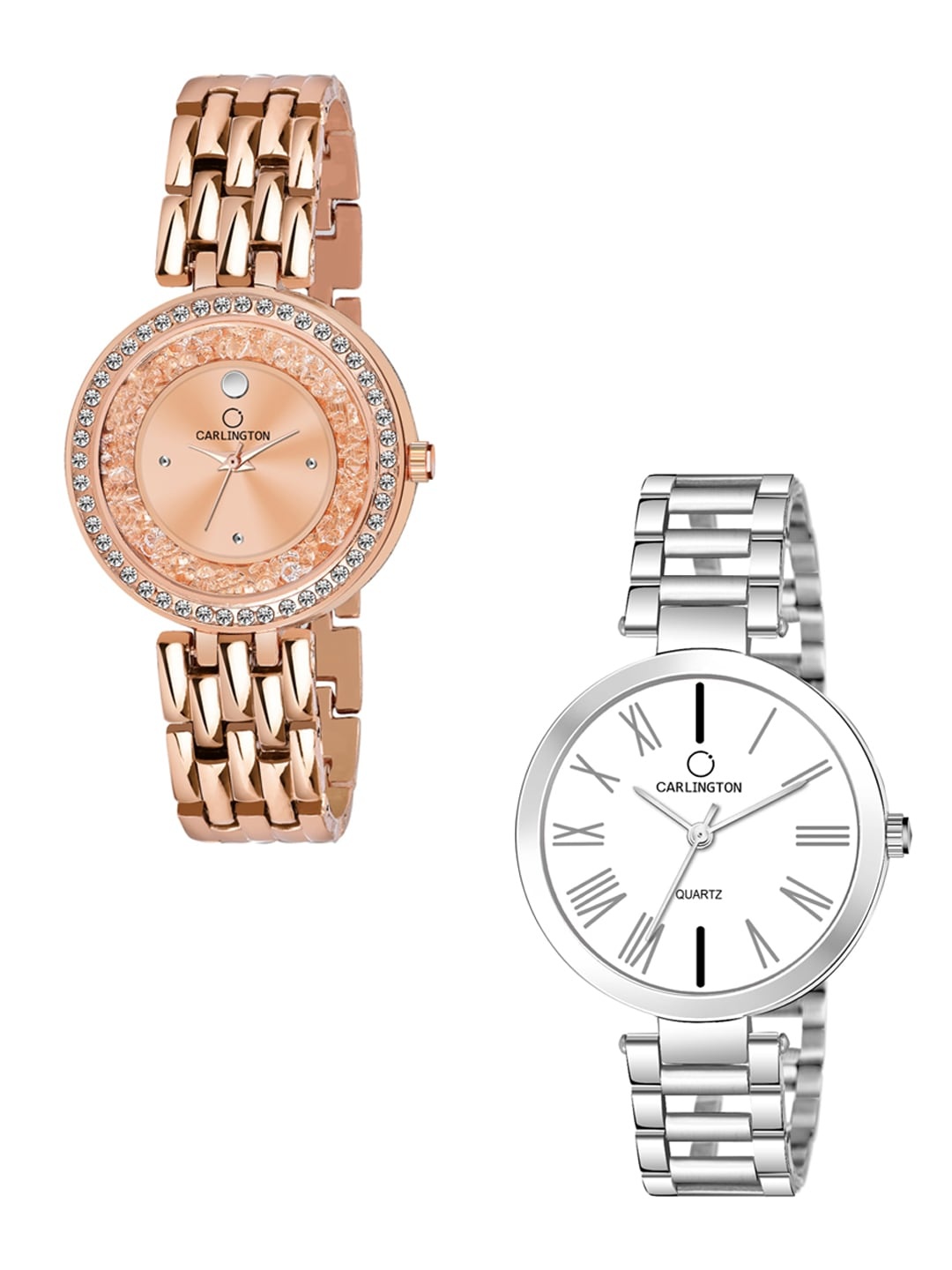 

CARLINGTON Set of 2 Women Watches Combo 112 Silver and Mova Diamond Rosegold