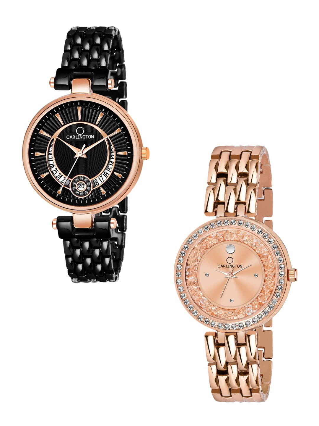 

CARLINGTON Women Rose Gold & Black Set of 2 Embellished Bracelet Style Watches