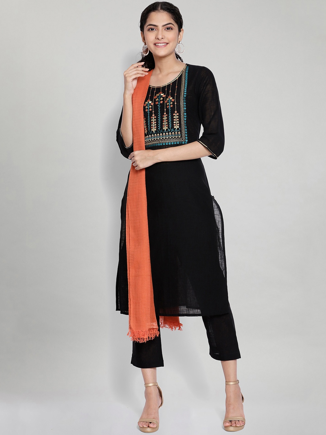

AURELIA Women Black Embroidered Pure Cotton Kurta with Trouser & Dupatta