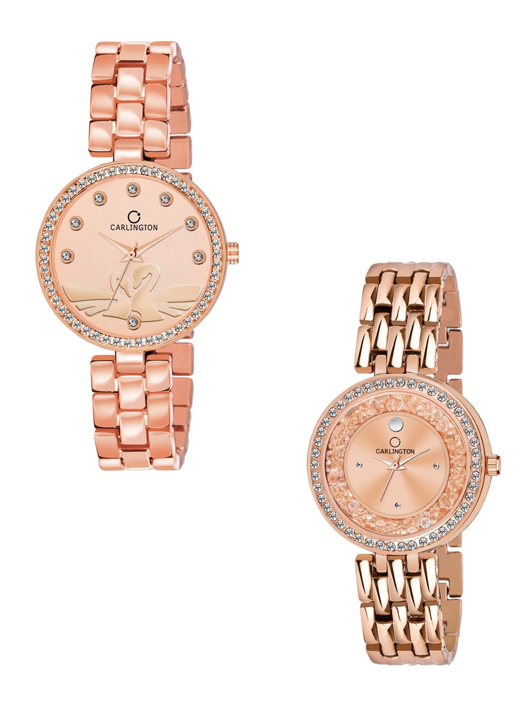 

CARLINGTON Women Set of 2 Stainless Steel Bracelet Style Straps Analogue Watches, Rose gold