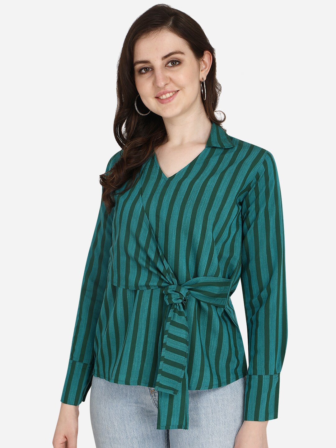 

OM SAI LATEST CREATION Turquoise Blue Striped Wrap Top