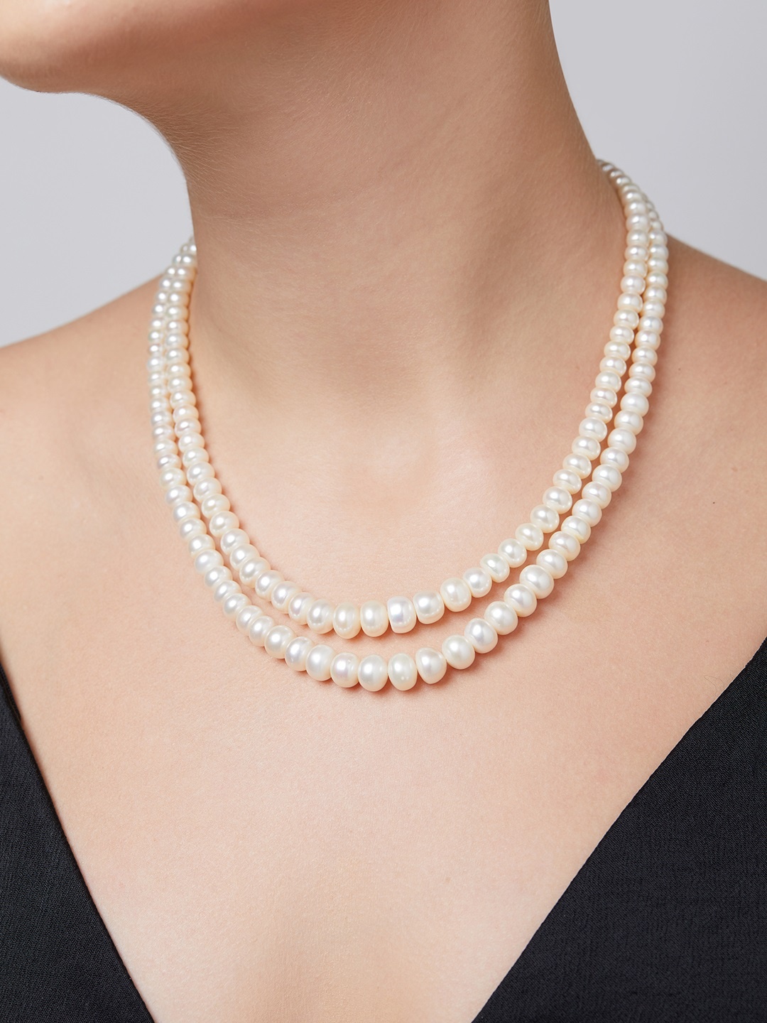 

Zaveri Pearls Off White Freshwater Button Graduate Pearls AAA+ Quality 2 Layers Necklace, Gold