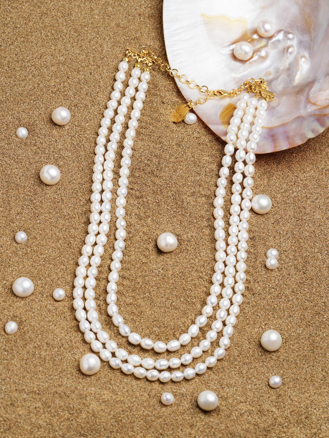 

Zaveri Pearls Off White Freshwater Rice Pearls AAA+ Quality 3 Layers Necklace, Gold